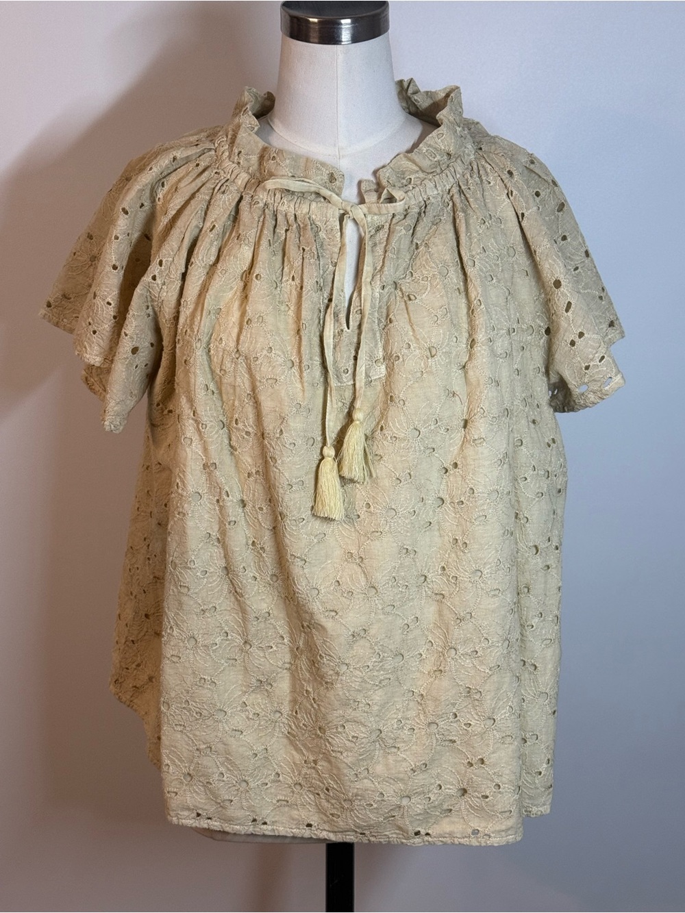 Light Yellow Eyelet Tassel Peasant Blouse